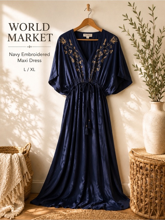 World Market Dresses & Skirts - World Market Navy Embroidered Boho Maxi Dress L XL Caftan Tassel